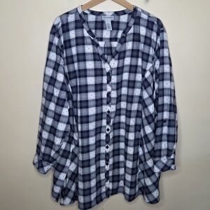 Catherines | Navy White Plaid Button Front Shirt Pink Embroidered Dots Size 4X